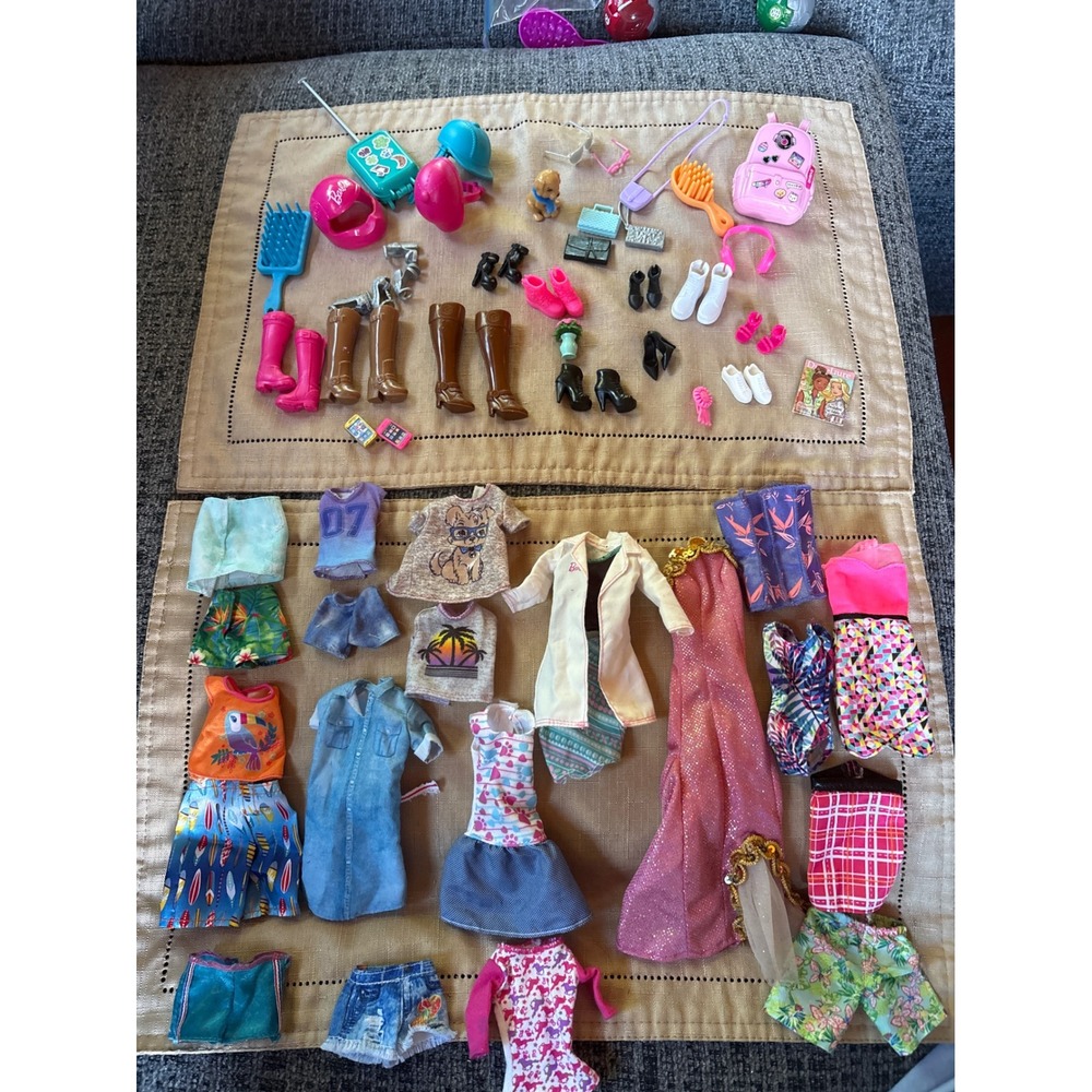 Barbie Doll Clothes and Accessories Lot Gown Lab Coat Shoes Backpack Puppy